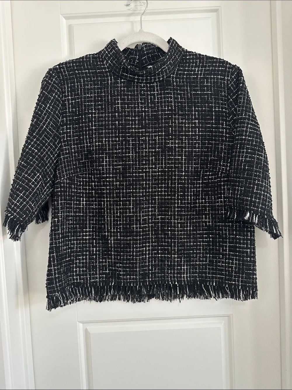 ZARA Black White Frayed Textured Tweed Plaid Short Sleeve Blouse Top L